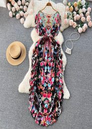 Summer Designer Runway Casual Dresses Batwing Sleeve Lace Up Belt Long Dress Women ONeck Vintage Floral Printed Bohemian Loose Ma4266912