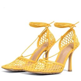 Women Real Ladies Leather Genuine 2024 High Heels Sandals Summer Square Toe Weave Knit Plait Wedding Dress Gladiator Cross-tied Lace-up Sexy Shoes Yellow Size d b06f