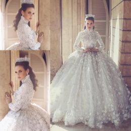 Dresses Luxury Beaded Crystal Ball Gown Wedding Dresses 3D Floral Lace Appliqued High Neck Long Sleeves Muslim Bridal Wedding Gowns