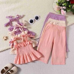 Clothing Sets Summer toddler girl plain weave suit with suspender top and wide leg pants 2-piece set of cotton soft childrens baby clothing WX