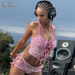 Women's Tracksuits Soefdioo Lace Bandage Hollow Out 2 Piece Sets Women Sexy Halter Crop Tops And Shorts Matched 2024 Nightclub See Through