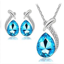 Wedding Jewelry Sets Obega Teardrop Crystal Stone Set Necklace Back Earrings Womens Fashion Evening Party Accessories Blue