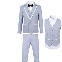 Suits Children Blue Wedding Dress Teenager Kids Host Jacket Vest Pants Bowtie 4PCS Ceremony Tuxedo Flower Boys Prom Photography Suit Y240516