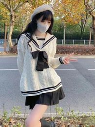 Work Dresses Preppy Style Matching Sets Sailor Collar Bow Striped Contrast Color Sweater High Waist Pleated Mini Skirts Autumn Women