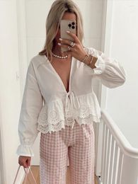 Women's Blouses Casual White Lace Up Embroidery Women Blouse Deep V-neck Lantern Sleeve Ruffles Female Shirt 2024 Spring Summer Lady Shirts