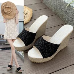 Slippers Platform High Heels Printed Wear Women's Summer Flip-flops 2024 Sponge Bottom Non-slip Wedge