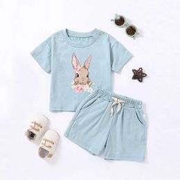 Clothing Sets Hot selling childrens printed summer set cute rabbit babies and girls summer clothing childrens pure cotton T-shirt set WX