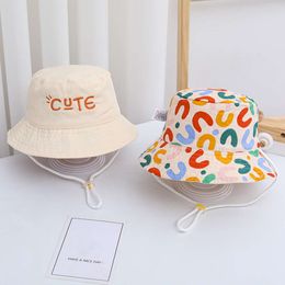Double Sided Kids Bucket Hat With String Cute Letter Embroidered Boys Girls Fisherman Panama Cap Summer Outdoor Sun Hats Gorras L2405
