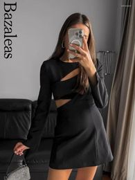 Casual Dresses 2024 Summer Sexy Black Hollow Out Women's Dress Slim Fit Mini Vintage Long Sleeves Back Zipper Mujer