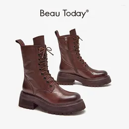 Boots BeauToday Ankle Women Horse Leather Cross Tied Waxing Round Toe Zippers Retro Ladies Motorcycle Booties Handmade 02393