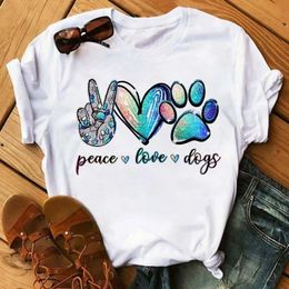 Maycaur Fashion Women Dogs Paws T Shirt Peace Love Funny Casual Oneck Short Sleeves Tshirt Summer Kawaii Female Tee 240510