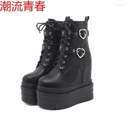 Boots Autumn Women Wedges Ankle White Black Rubber Sole Shoes Platform Lacing Heels