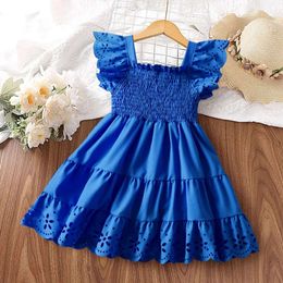 Girl Lace Ruffles Sleeves 2024 Holiday Kid Princess Birthday Party Royal Blue Dress 2-6Yrs Children's Casual Clothes L2405