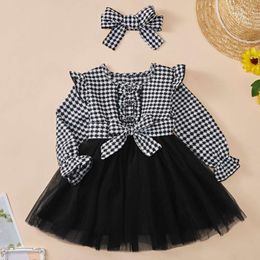6M -4 Yrs Girls Tutu Long Sleeve With Hair Band Lattice Pattern Casual For Birthday Party Princess Dress L2405