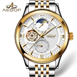 AESOP Moon Phase Watch Men Automatic Mechanical Watch Fashion Gold Wrist Watches Wristwatch Male Clock Men Relogio Masculino 285u