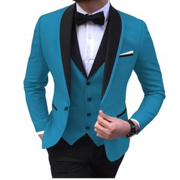 Blue Slit Mens Suits 3 Piece Black Shawl Lapel Casual Tuxedos for Wedding Groomsmen Men BlazerVestPant 240514