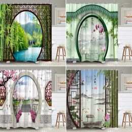 Shower Curtains Chinese Style Garden Curtain Arches Greenery River Bamboo Scenic Outdoor Flower Polyester Fabric Bathroom Decor
