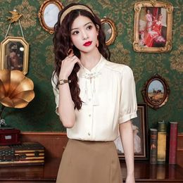 Women's Blouses Satin Chinese Style Shirt Summer Silk Vintage Loose Short Sleeves Women Tops Fashion Clothing YCMYUNYAN