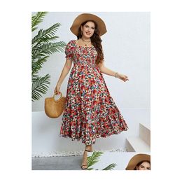 Plus Size Dresses Women Clothing Puff Sleeve Floral Maxi Dress Square Collar A Line Cotton Robe Summer 2023 Boho Midi Elegant Drop D Dhrim