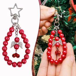 Keychains Christmas Five Pointed Star Beaded Guardian Angel Bell Keychain Red Pendant Lucky 2024 Fashion Key Ring Decorative Products