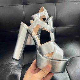 Sandals 2024 Real Pos Women Platform Block High Heels Open Toe Gorgeous Silver Party Shoes Ladies US Plus Size 5-15