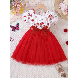 Girls' summer new romantic rose floral series puff sleeve + hem red mesh princess dress L2405