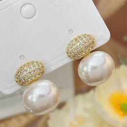 Stud Earrings French Exquisite Imitation Oval Pearl For Women Shiny Crystal Micropaved Zirconia Earring Luxury Bridal Jewellery
