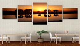 Canvas Poster Home Decor Living Room Wall Art Prints 5 Piece Elephants Sunset Landscape Paintings Animal Lake Pictures Framework3958475