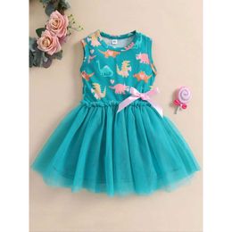 Summer 1-5 Years Little Princess Clothing Baby Sleeveless Dinosaur Print Mesh Dress For Kids Girl Party L2405