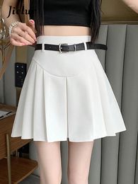 Skirts High Waist Pleated Skirt Women Spring Korean Style A-Line Mini Suit Short Belt Khaki White Sexy Girls