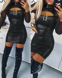 Casual Dresses Womens Spring Fashion Pu Leather Sexy Sheer Mesh Cutout Buckled Stand Collar Plain Long Sleeve Bodycon Daily Mini Dress