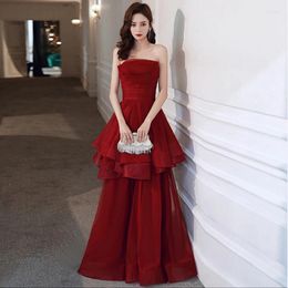 Party Dresses Burgundy Sleeveless Evening Dress Strapless Ruched Floor-Length Simple Elegant A-Line Lace Up Woman Formal Gowns A1027