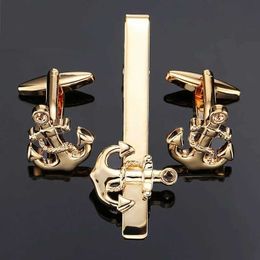 Cuff Links French Cufflinks Set High Quality Copper Material Fashionable Mens Business Jewellery Gift Gold Anchor Cuff Necktie Clip Set