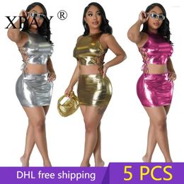 Work Dresses 5pcs Bulk Items Wholesale Sexy Dress Sets Women 2024 Fashion Hollow Out Crop Top Skirt Bright Colour 2 Piece Set Party Y2k