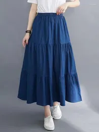 Skirts Fashion Blue High Waist Spring Summer Pleated Long Skirt Vintage Korean Denim Women Elegant A-line Umbrella Jeans