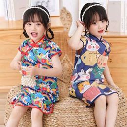 Animals Children Cheongsam Princess Dress Clothing Kids Girls Cartoon Skirt Panda Rabbits Short-Sleeved L2405