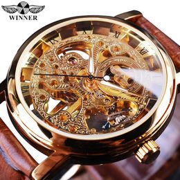 Winner Transparent Golden Case Luxury Casual Design Brown Leather Strap Mens Watches Top Brand Luxury Mechanical Skeleton Watch CJ19121 299J