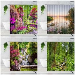 Shower Curtains Forest Park Landscape Flower Plant Waterfall Trees Nature Scenery Garden Wall Hanging Bathroom Curtain Decor Set