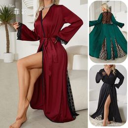 Home Clothing Mesh Sleeve Robe Long Sleepwear Lady Satin Kimono Bathrobe Sexy Embroider Edge Dress Gown Loose Nightwear Intimate Lingerie