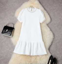 2022 Summer Short Sleeve Round Neck White Black Solid Colour Beaded Ruffle Panelled Jacquard KneeLength Dress Elegant Casual Dre7317639