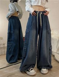 Women's Jeans Grunge Girl Vintage Big Pocket Oversized Baggy Cargo Femme Elastic Waist Straight Wide Leg Pants Denim Trousers Women