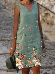 Casual Dresses Print Summer Dress For Women 2024 V Neck Sleeveless Oversized Vintage Fashion Elegant