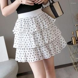 Skirts 2024 Summer Girls Elastic High Waist Sweet Chiffon Ruffled A-line Mini Pleated Skirt Korean Fashion Women Polka Dot Cake