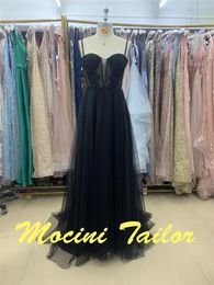 Party Dresses 2024 Black Colour Lace Tulle Back Strap Trailing Evening Dress Beadings Trapless Elegant Luckgirls Mocini Tailor