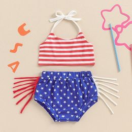 Clothing Sets Baby Girls 2 Pieces Set Tie-up Striped Halter Top With Tasselled Stars Print Shorts Summer Outfit 4th Of July 0-18M