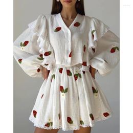 Work Dresses Fashion Womens Outfits Cotton Linen Printed Short Skirt Two Peice Sets Long Sleeve Tops Elastic Waist Shorts Mujer