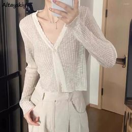 Women's Blouses Knitted Shirts Women Long Sleeve Single Button V-neck Summer Breathable Korean Fashion Solid Simple Sun-proof Outwear Crop