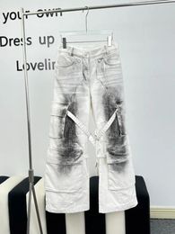 Women's Jeans Distress Large Pockets Women And Men Lace-Up Design Loose Female Denim Wide Leg Pants 2024 Spring Summer