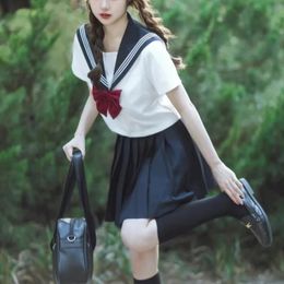 Japanese Style XS-2XL School Girls School Uniform Navy Clothing Women Sexy Navy Jk Basic Suit Sailor Blouse Pleated Skirt 240513