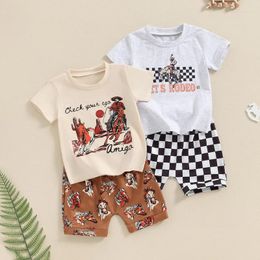 Clothing Sets Vintage Summer Kids Baby Boys Clothes Horse Letter Prrint Short Sleeve T-shirts Bowknot Elastic Waist Shorts Casual Tracksuits
